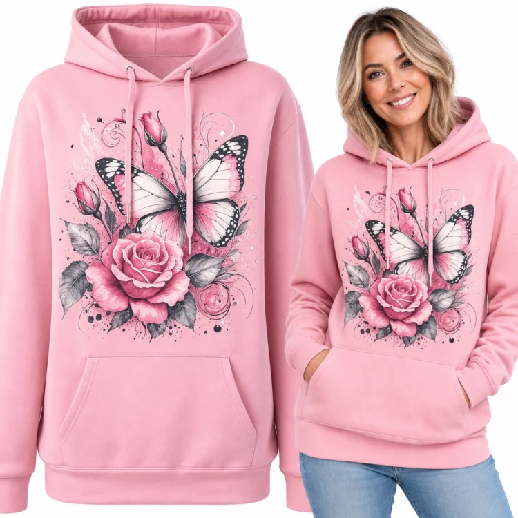 Bluza damska z kapturem - motyl i różowe róże w stylu akwareli