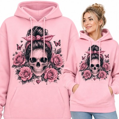 Bluza damska z kapturem - czaszka z kokiem i chustą wśród róż i motyli