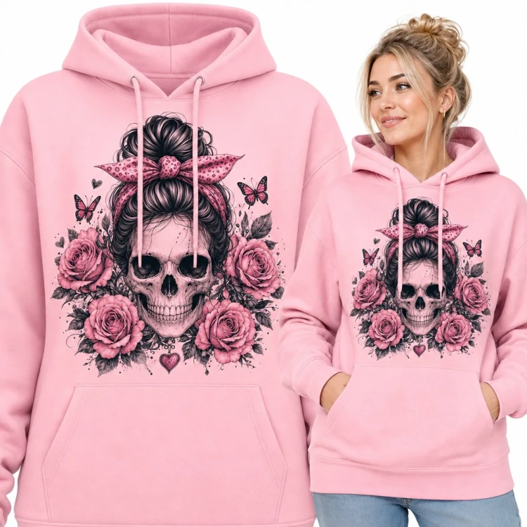 Bluza damska z kapturem - czaszka z kokiem i chustą wśród róż i motyli
