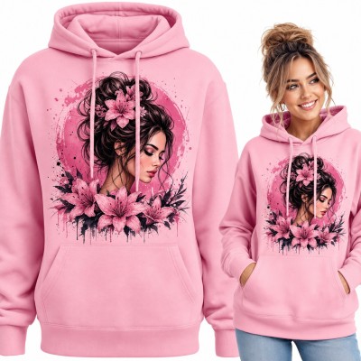 Bluza damska z kapturem - portret kobiety z różowymi liliami w stylu akwareli