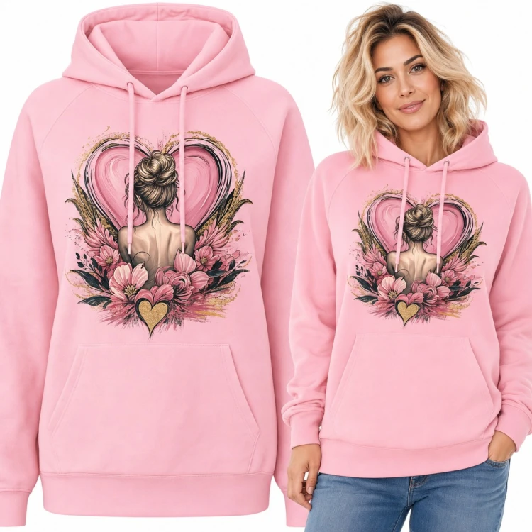 Bluza damska z kapturem - kobieta z kokiem na tle serca w kwiatach