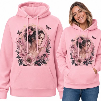 Bluza damska z kapturem - kobieta wśród piwonii i motyli w stylu akwareli