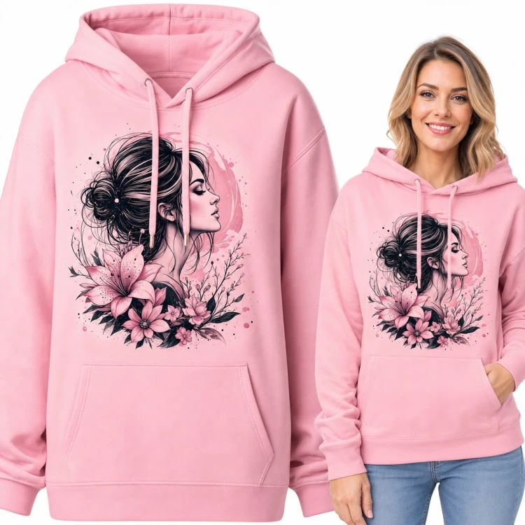 Bluza damska z kapturem - kobiecy profil z kokiem wśród różowych lilii