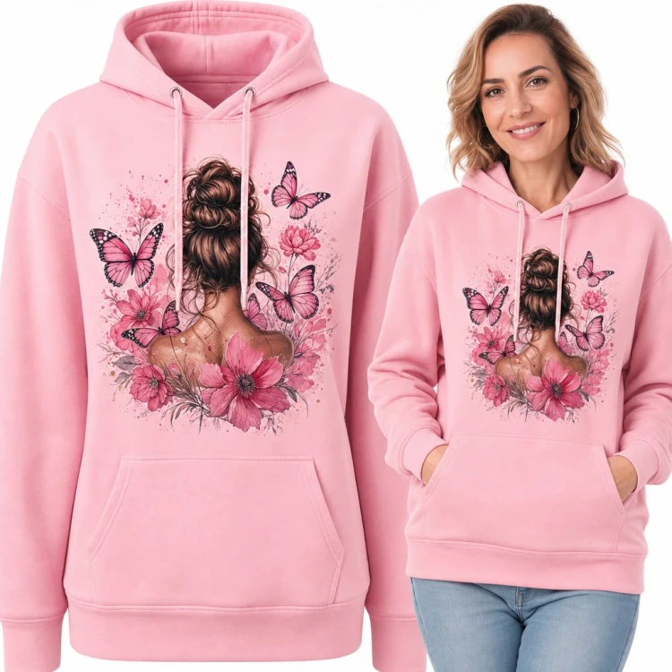 Bluza damska z kapturem - dziewczyna z kokiem wśród różowych kwiatów i motyli