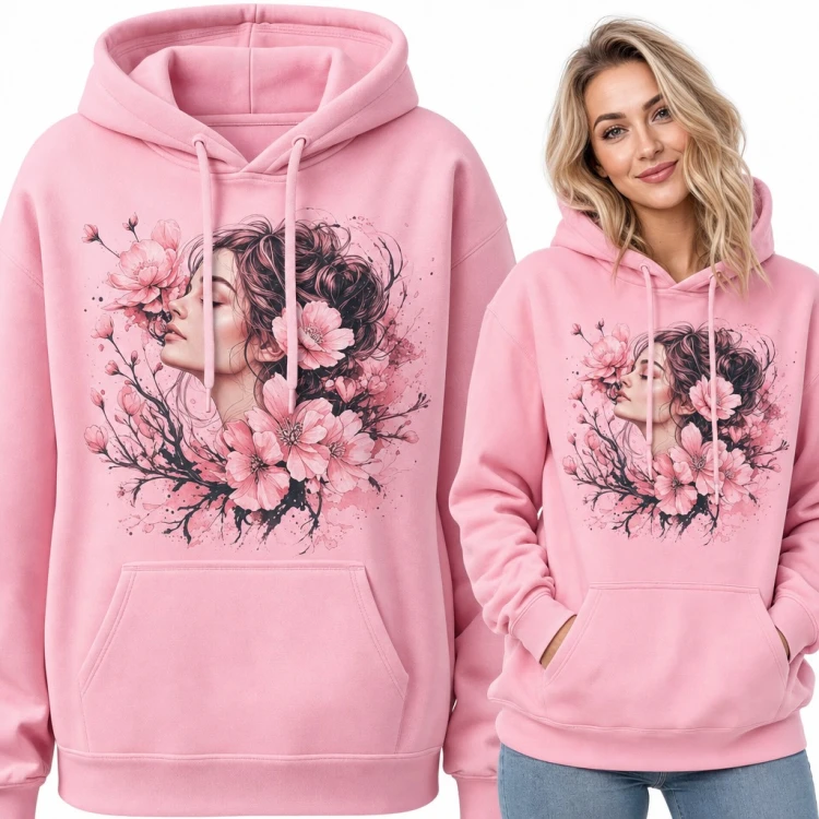 Bluza damska z kapturem - portret kobiety wśród kwiatów sakury w stylu akwareli
