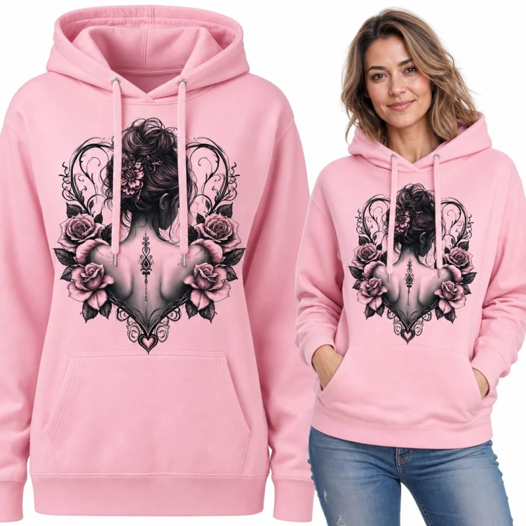 Bluza damska z kapturem - kobieta w sercu z różami w stylu tattoo
