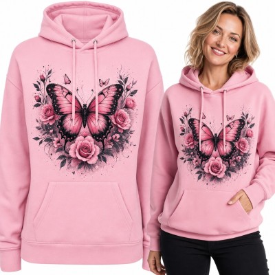 Bluza damska z kapturem - motyl z czarnymi skrzydłami i bukiet róż