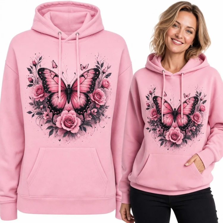 Bluza damska z kapturem - motyl z czarnymi skrzydłami i bukiet róż