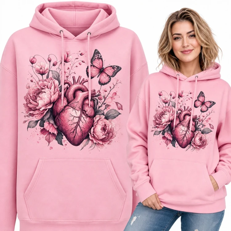 Bluza damska z kapturem - anatomiczne serce w piwoniach z motylem
