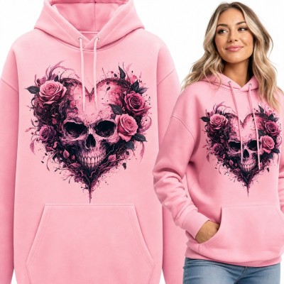 Bluza damska z kapturem - czaszka w sercu z różowych róż