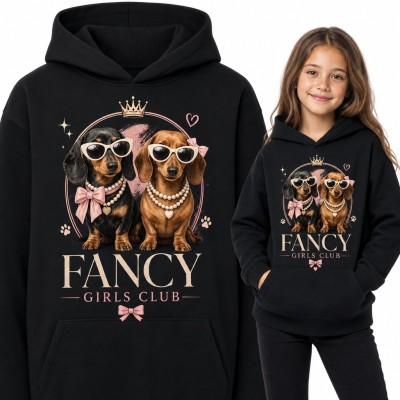 Bluza dziewczęca z kapturem „Fancy Girls Club” - jamniki w okularach i perłach