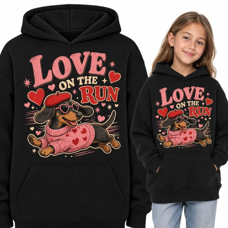 Bluza dziewczęca z kapturem - jamnik w berecie i serduszkach „Love on the run”