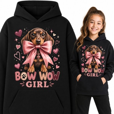 Bluza dziewczęca z kapturem - jamnik z różową kokardą „Bow Wow Girl”