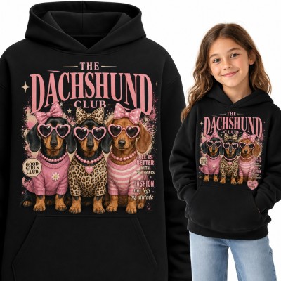 Bluza dziewczęca z kapturem „The Dachshund Club” - jamniki w okularach serduszkach