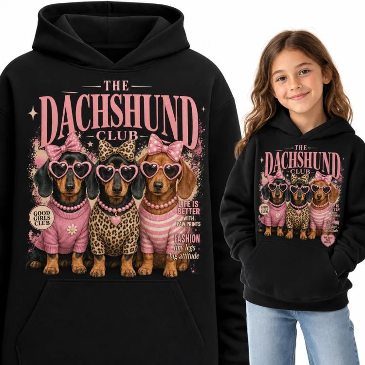 Bluza dziewczęca z kapturem „The Dachshund Club” - jamniki w okularach serduszkach