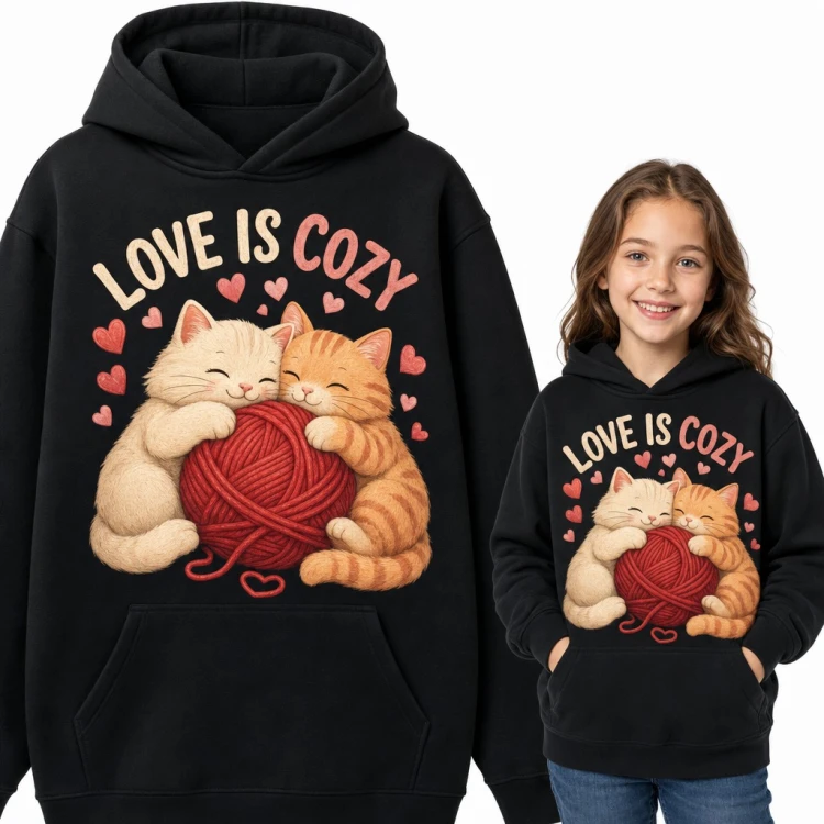 Bluza dziewczęca z kapturem - „Love is cozy” przytulone kotki z kłębkiem włóczki