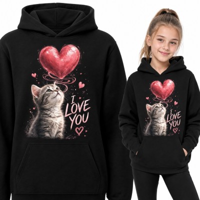 Bluza dziewczęca z kapturem - kotek z balonem w kształcie serca „I love you”