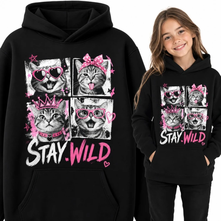 Bluza dziewczęca z kapturem - „Stay wild” cztery koty w różowych okularach i koronie