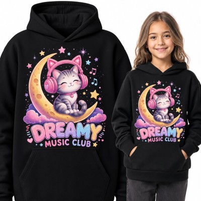Bluza dziewczęca z kapturem - kotek w słuchawkach na księżycu „Dreamy music club”