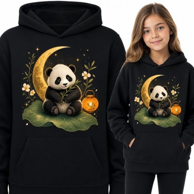 Bluza dziewczęca z kapturem - panda z bambusem pod złotym księżycem
