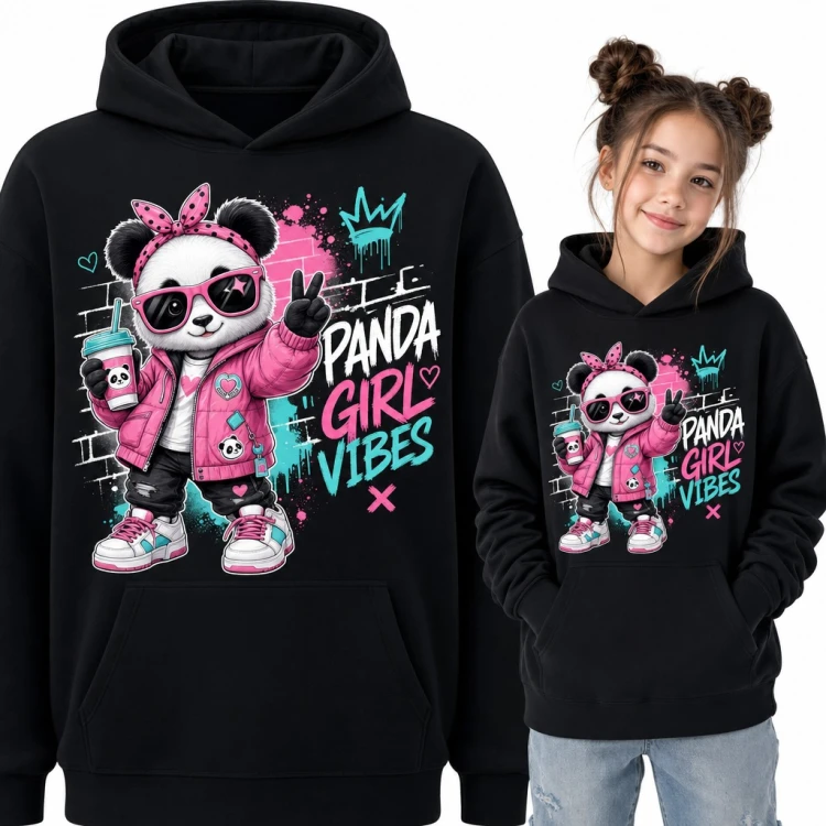 Bluza dziewczęca z kapturem - panda w różowej kurtce na tle graffiti „Panda girl vibes”
