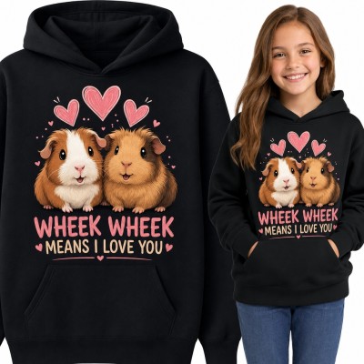 Bluza dziewczęca z kapturem - świnki morskie i serca „Wheek wheek means I love you”