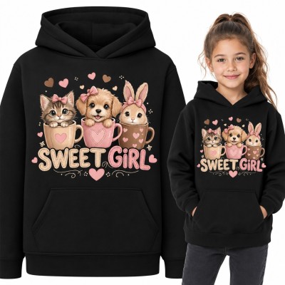 Bluza dziewczęca z kapturem - „Sweet Girl” kotek, piesek i króliczek w kubkach