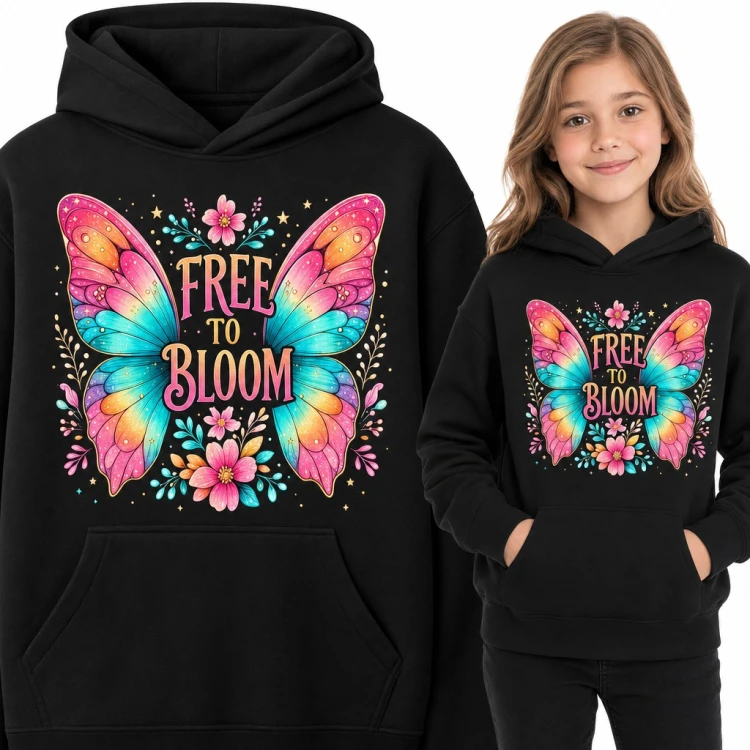 Bluza dziewczęca z kapturem - motyl z kwiatami i napisem „Free to Bloom”