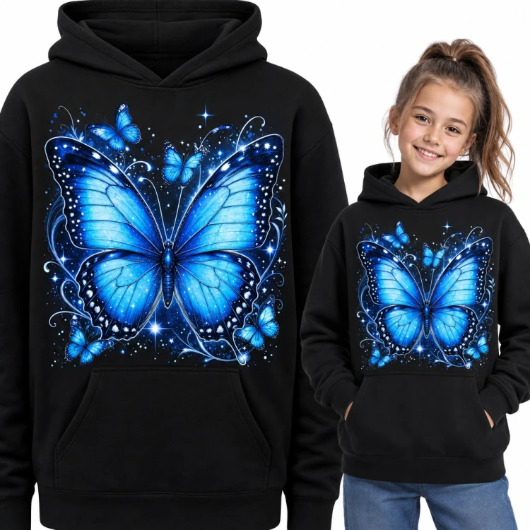 Bluza dziewczęca z kapturem - wielki niebieski motyl wśród gwiazdek