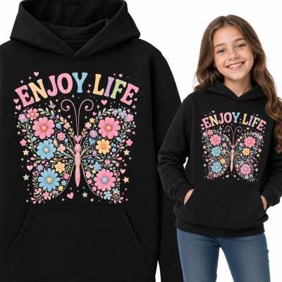 Bluza dziewczęca z kapturem - motyl z pastelowych kwiatów i napis „Enjoy life”