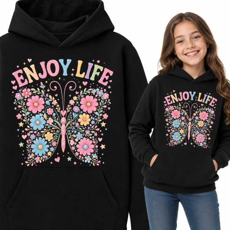 Bluza dziewczęca z kapturem - motyl z pastelowych kwiatów i napis „Enjoy life”