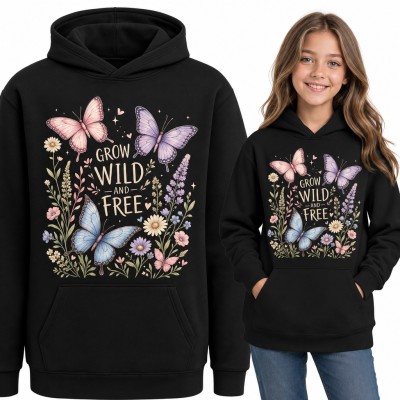 Bluza dziewczęca z kapturem - motyle i polne kwiaty „Grow wild and free”