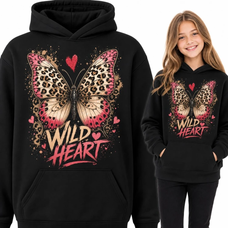 Bluza dziewczęca z kapturem - motyl w panterkę z sercami „Wild heart”