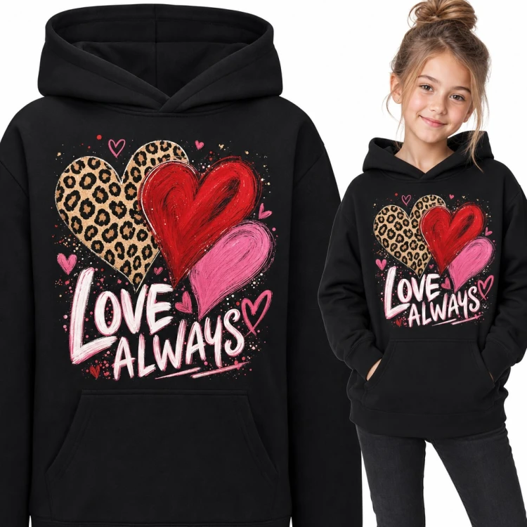 Bluza dziewczęca z kapturem - serca w panterkę i „Love always”