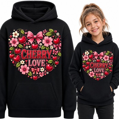 Bluza dziewczęca z kapturem - „Cherry love” serce z wisienek i kokardek