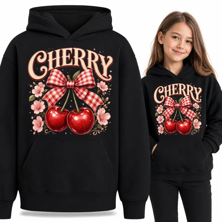 Bluza dziewczęca z kapturem - „Cherry” wiśnie z kokardą w kratkę i kwiatami