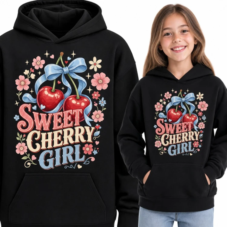Bluza dziewczęca z kapturem - „Sweet Cherry Girl” z wisienkami i błękitną kokardą