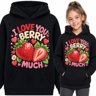 Bluza dziewczęca z kapturem - truskawki z serduszkami i napisem „I love you berry much”