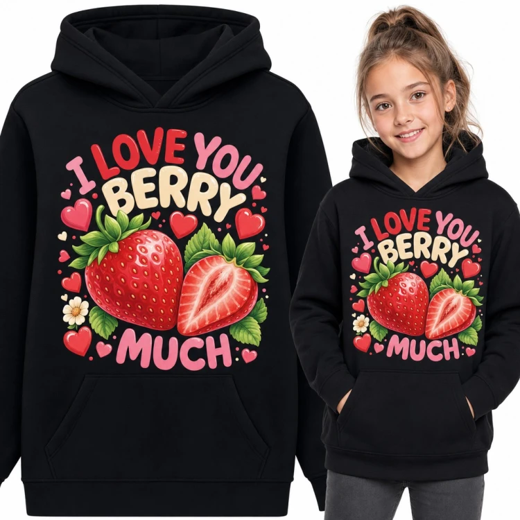 Bluza dziewczęca z kapturem - truskawki z serduszkami i napisem „I love you berry much”