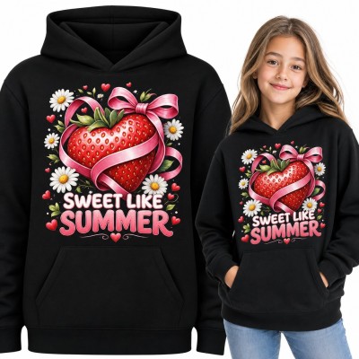 Bluza dziewczęca z kapturem - truskawkowe serce z kokardą i napis „Sweet like summer”