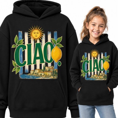 Bluza dziewczęca z kapturem „Ciao.” - włoska cytryna, słońce i nadmorskie miasteczko