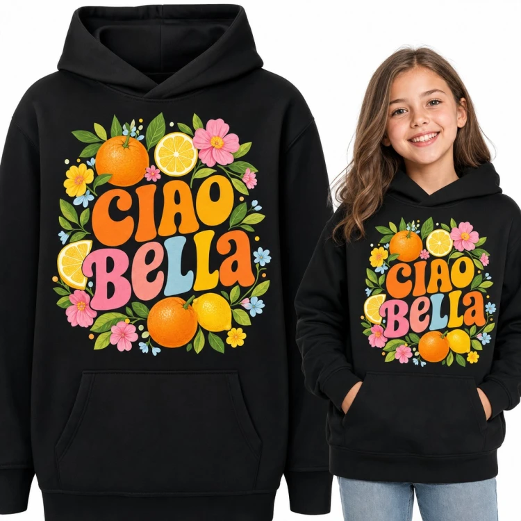 Bluza dziewczęca z kapturem - „Ciao Bella” w retro literach wśród cytrusów i kwiatów