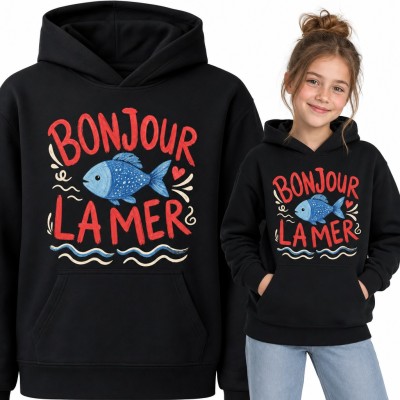 Bluza dziewczęca z kapturem - niebieska rybka i napis „Bonjour la mer”