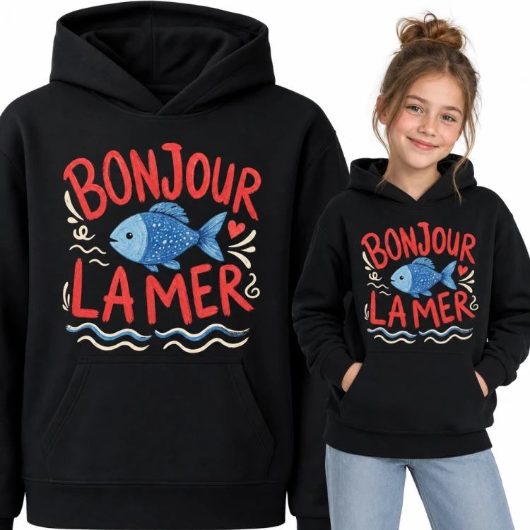 Bluza dziewczęca z kapturem - niebieska rybka i napis „Bonjour la mer”