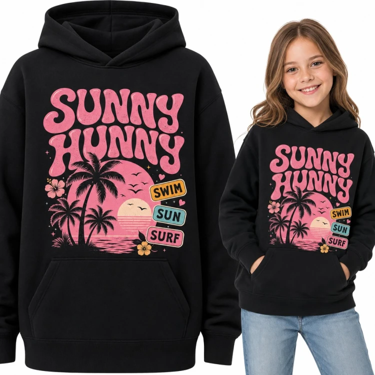 Bluza dziewczęca z kapturem - „Sunny hunny” z palmami i zachodem słońca