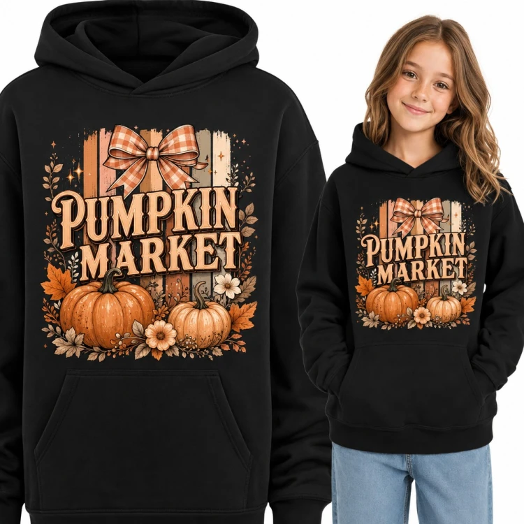 Bluza dziewczęca z kapturem - „Pumpkin Market” z dyniami i kokardą w kratkę