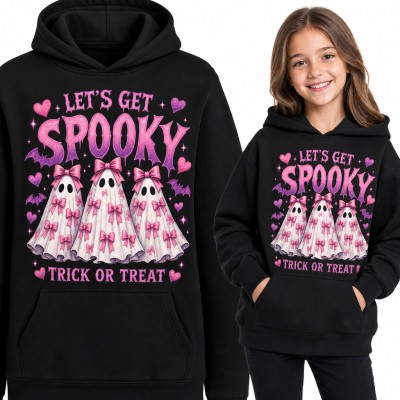 Bluza dziewczęca z kapturem „Let's get spooky” - różowe duszki z kokardkami na Halloween