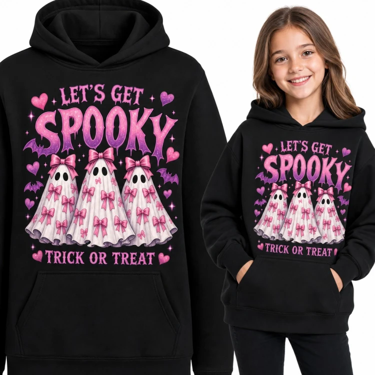 Bluza dziewczęca z kapturem „Let's get spooky” - różowe duszki z kokardkami na Halloween