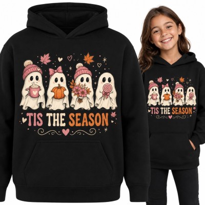 Bluza dziewczęca z kapturem „Tis the season” - jesienne duszki z dynią i kakao