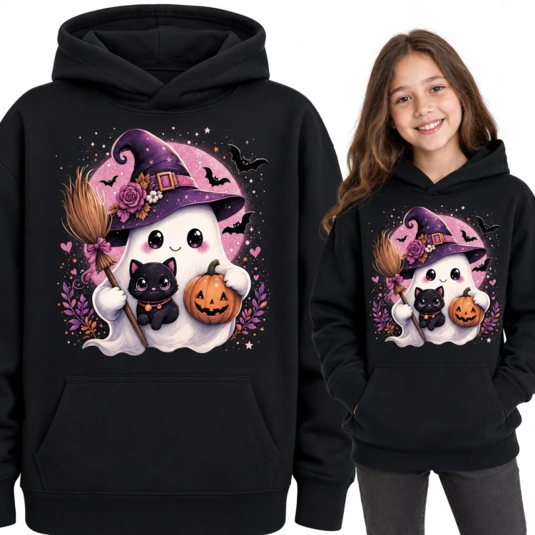 Bluza dziewczęca z kapturem - duszek czarownica z czarnym kotkiem i dynią na Halloween